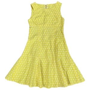3/$44 Yellow dress size small white polka dots, zip up back with clasp closure